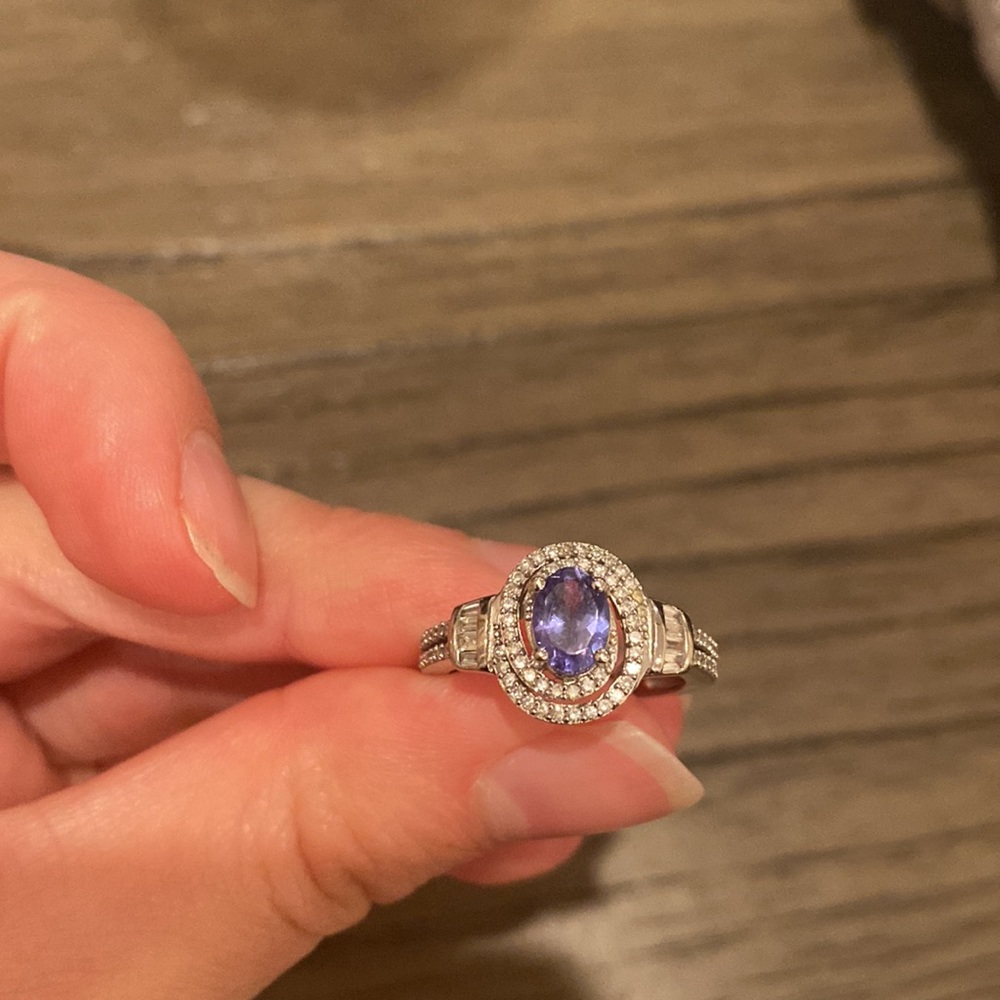 Genuine Amethyst Ring with Diamonds and 10K Silver Band